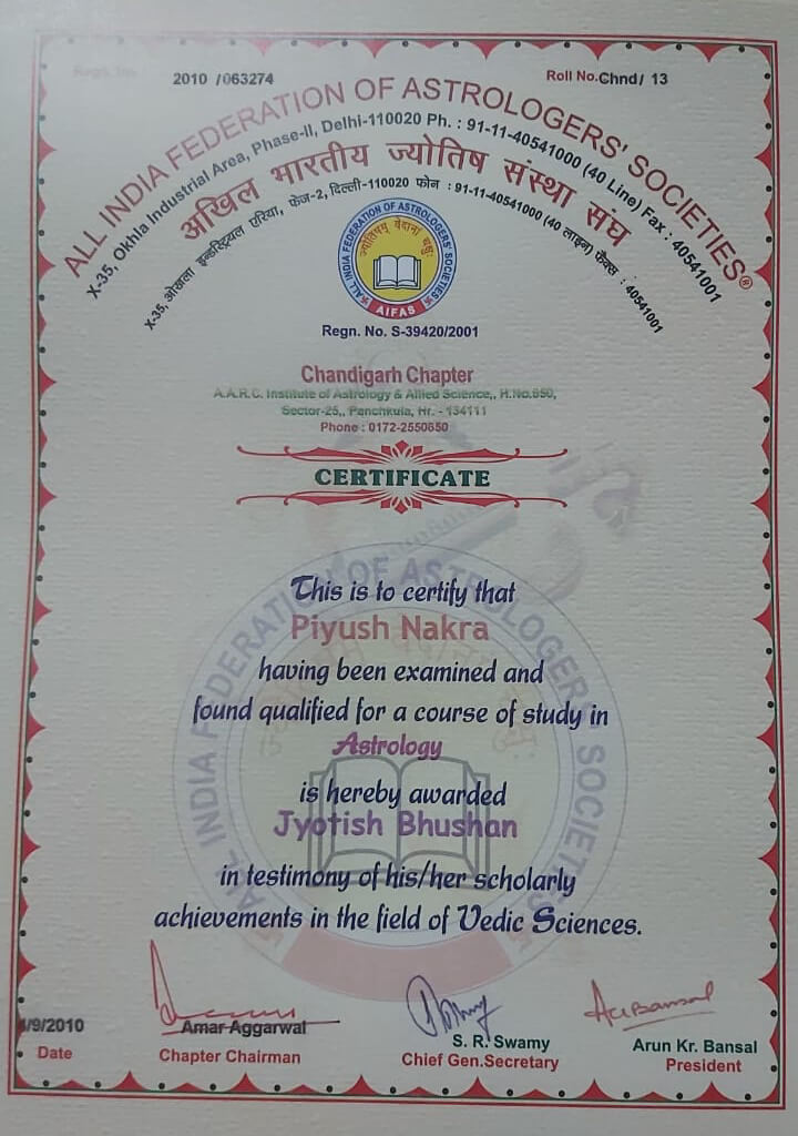 Jyotish Bhushan Certificate