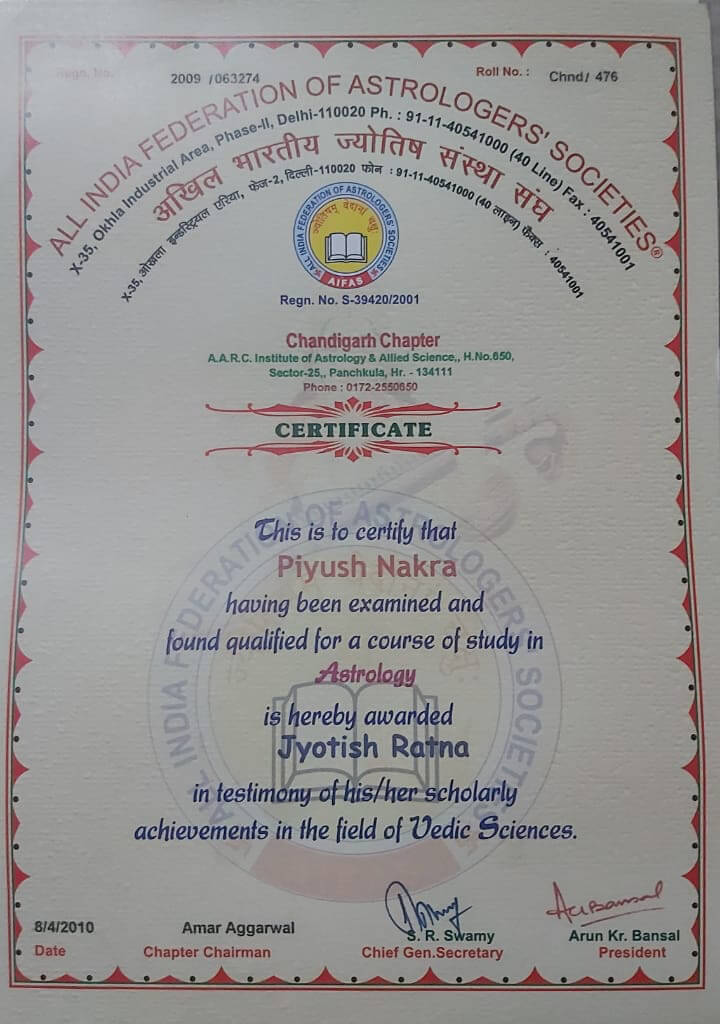 Jyotish Ratna Certificate